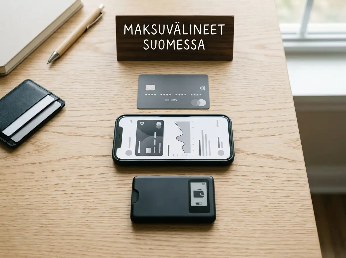Maksukortti, pankkisovellusta esittävä puhelin ja digitaalinen lompakko pöydällä