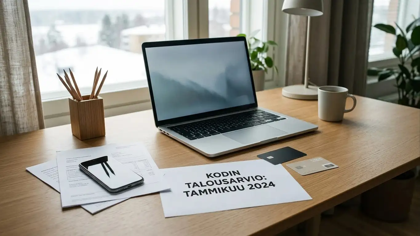 Kannettava tietokone, maksukortti, puhelin ja pankkiasiakirjoja pöydällä