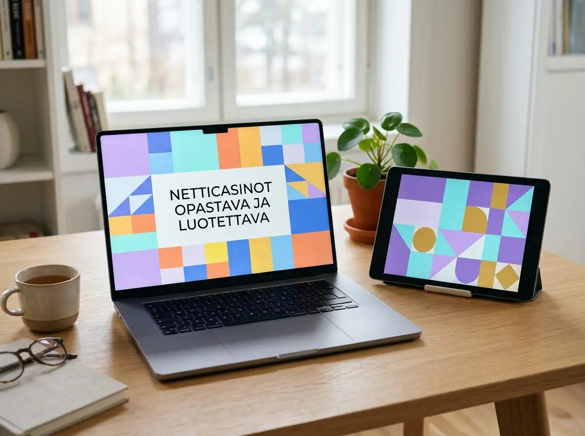 Kannettava tietokone ja tabletti pöydällä värikkäiden abstraktien peliruutujen äärellä